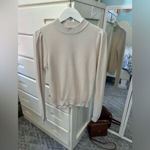 Cream Knit Brushed Ribbed Puff-Sleeve Mockneck Long Sleeve Cotton Blend Sweater✨